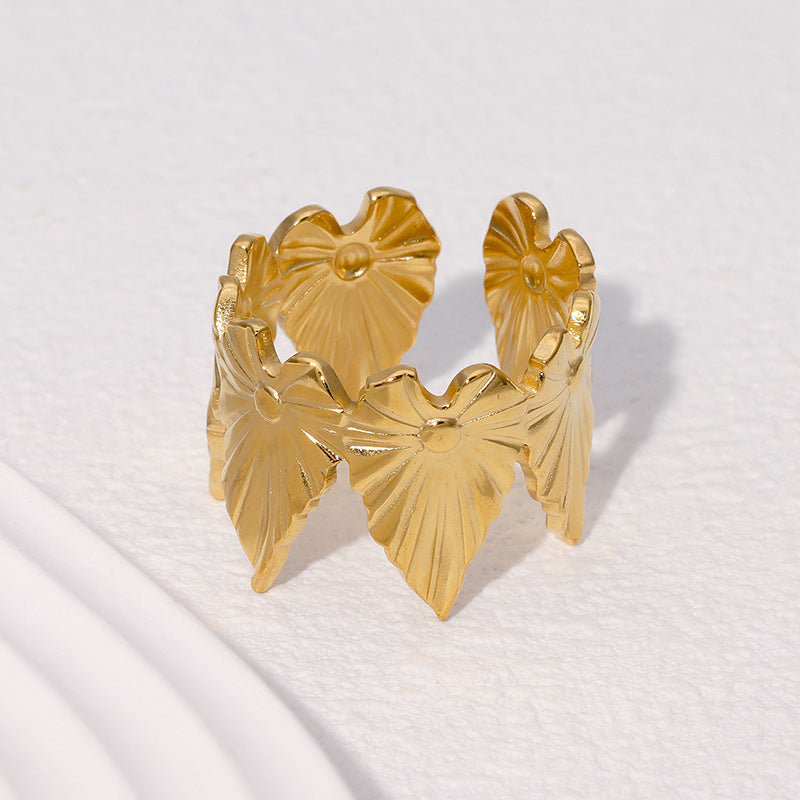 Minimalist 18K Gold Plated Stainless Steel Leaf Ring for Women Open Adjustable Design
