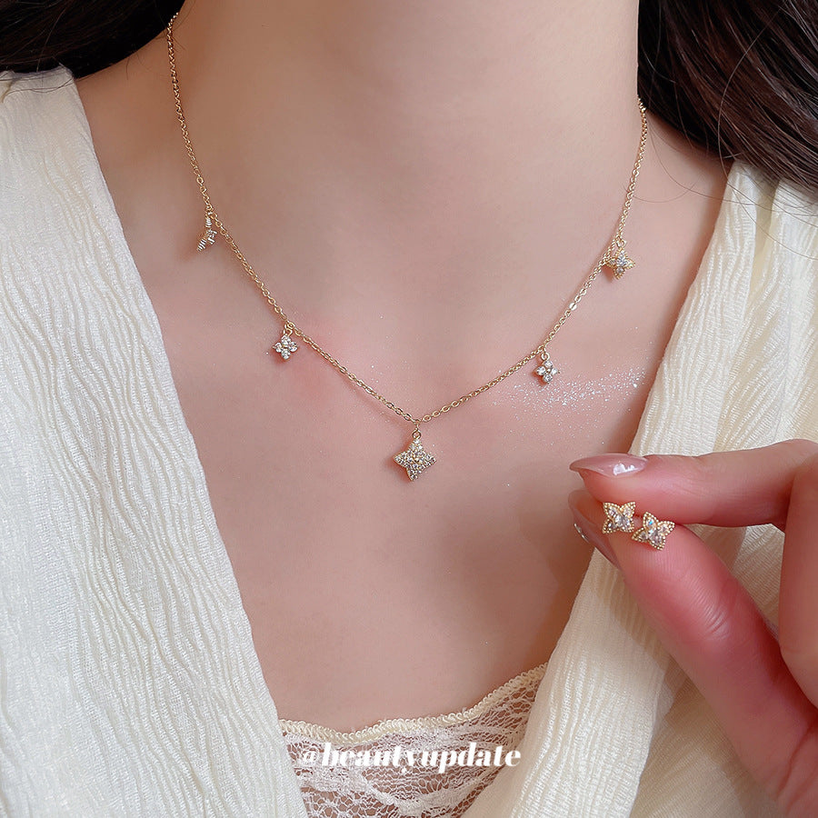 Elegant Floral Design Gold-Plated Copper Necklace and Earrings Set with Zircon Inlay for Women