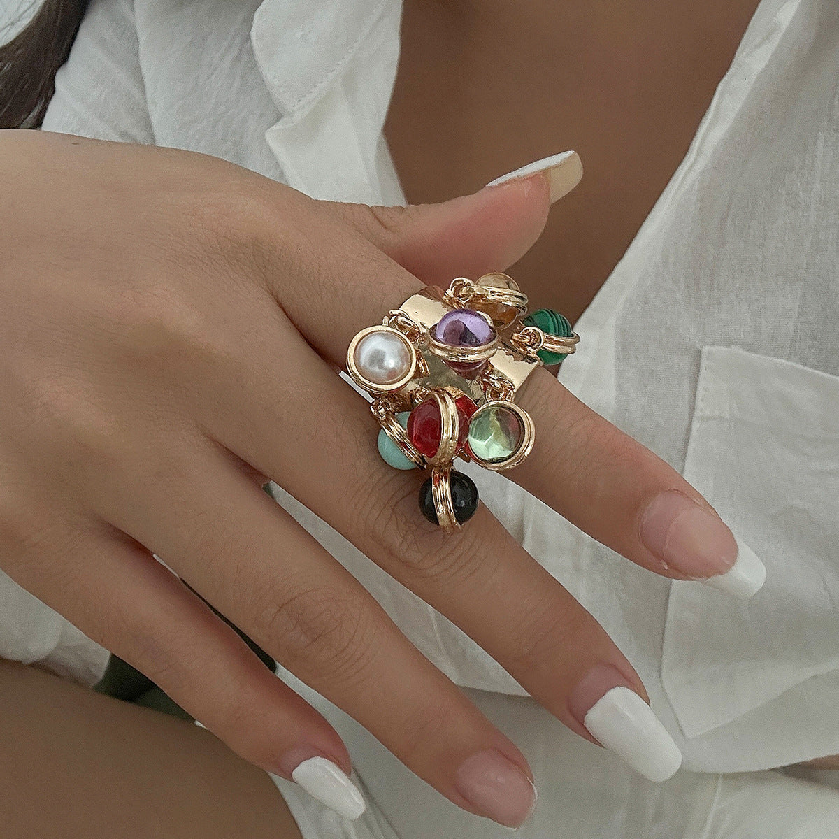 Vintage Palace Style Geometric Round Malachite Inlay Alloy Plated Open Ring for Women