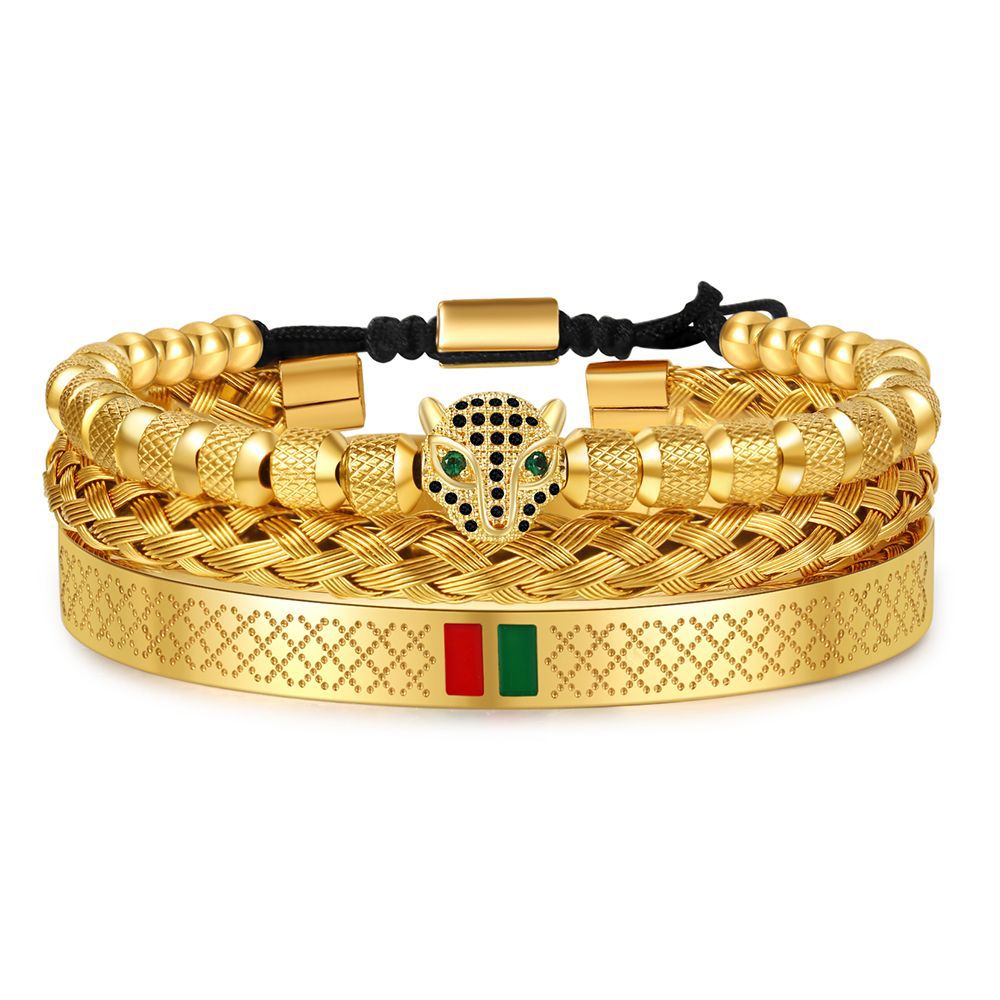 Hip-hop Men's Brass Cubic Zirconia Leopard Head Stainless Steel Bracelet Cuff Set