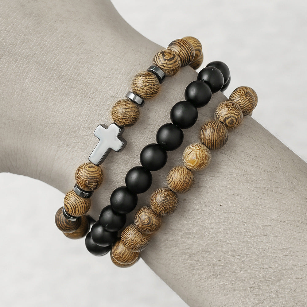 Matte Hematite Cross Wood Bead Stretch Bracelet
