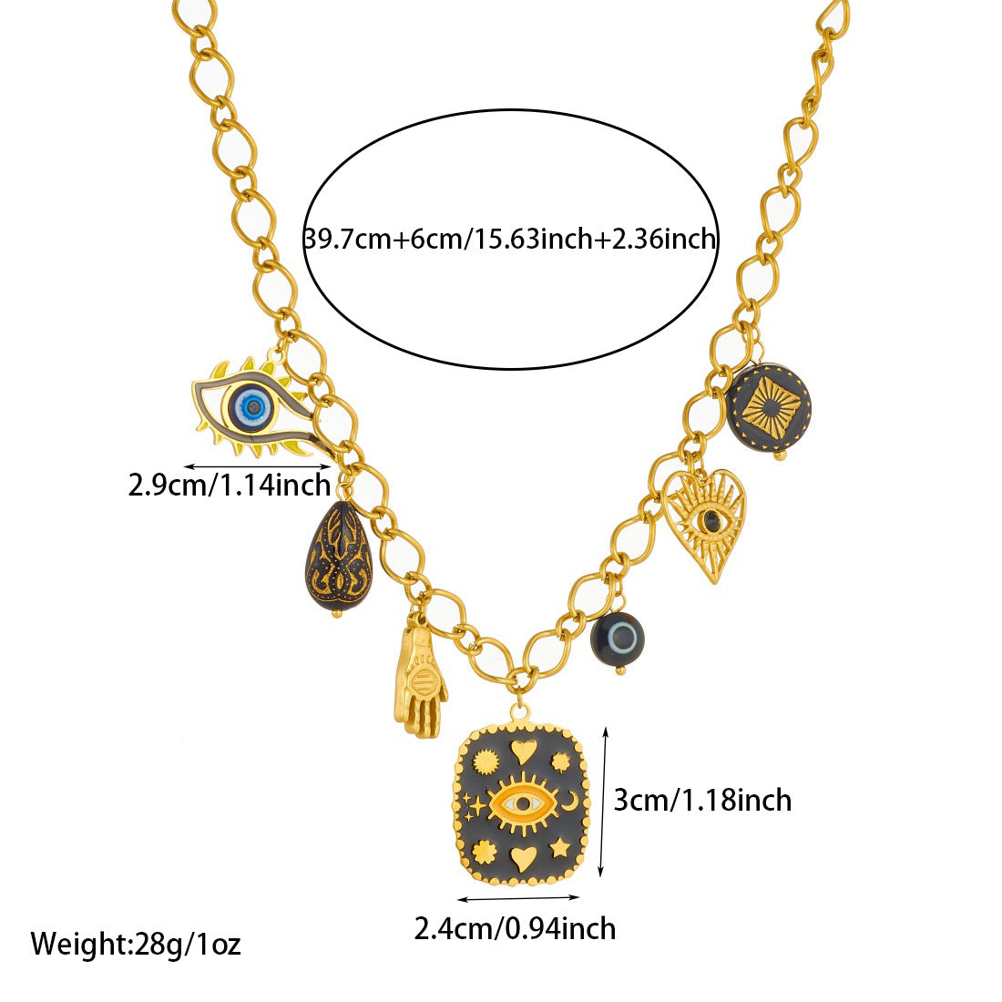 Gothic Drip Oil Gold Plated Stainless Steel Square Round Heart Geometric Eye Palm Necklace for Women