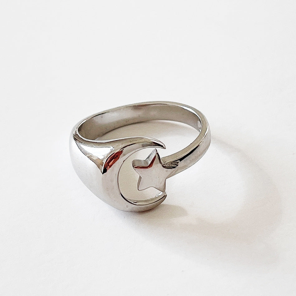 Anillo minimalista de plata de ley 925 con diseño de corazón, estrella y luna para mujer