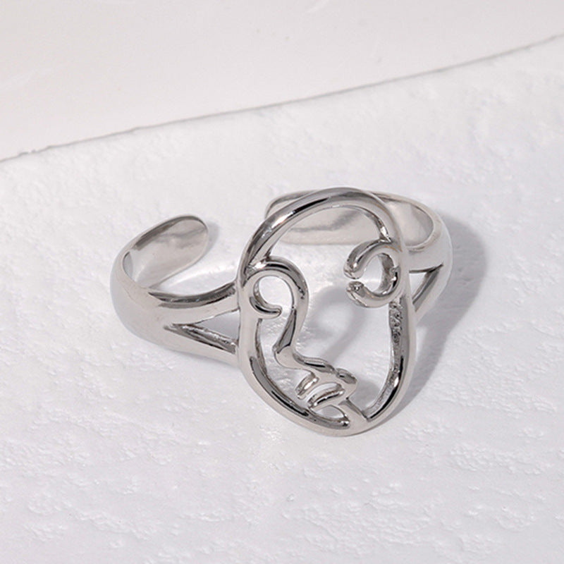Abstract Face Adjustable Titanium Steel Ring with Hollow Design Minimalist Stainless Steel Index Finger Ring for Women