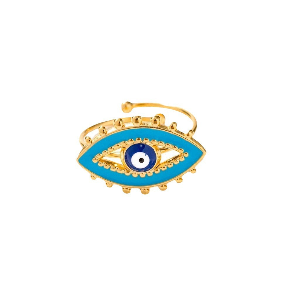 Anello da donna alla moda con occhio di Allah geometrico in smalto blu, placcato oro 18 carati in acciaio inossidabile