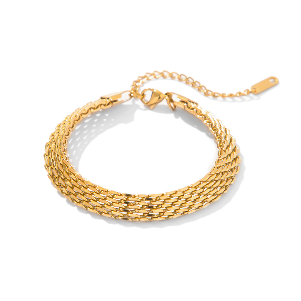 Geometric Stainless Steel Bracelet with Zircon Inlay for Women, Titanium Steel and 18K Gold Plated Accent Chain