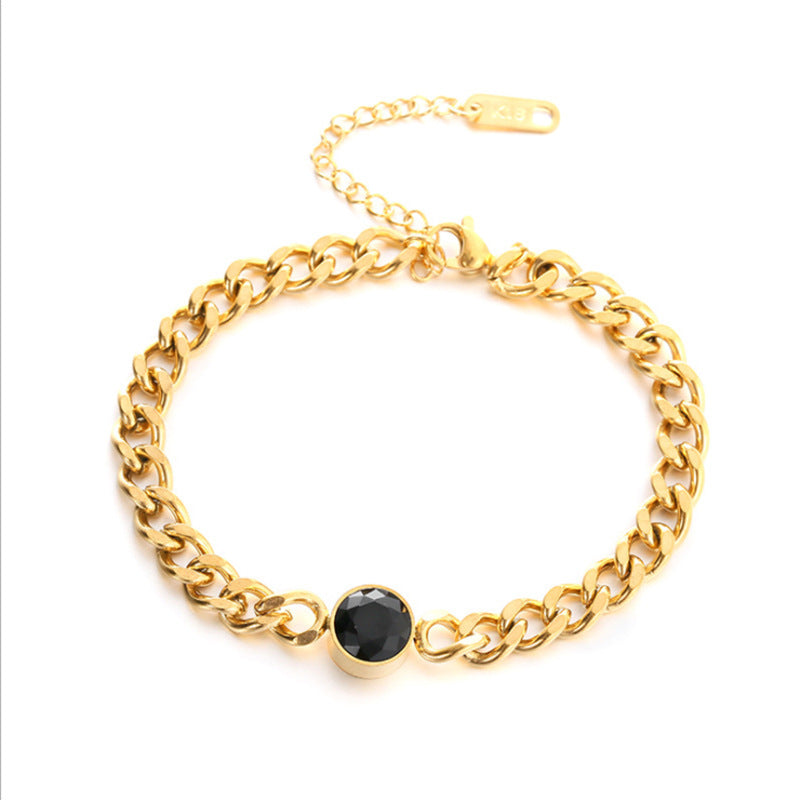 Bracciale Minimalista Punk Vintage in Acciaio al Titanio con Accenti di Strass Neri Sfaccettati Tondi e Design a Maglia Serpente