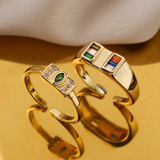 Minimalist Geometric Open Ring for Women in Brass with 18K Gold Plating and Zircon Inlay