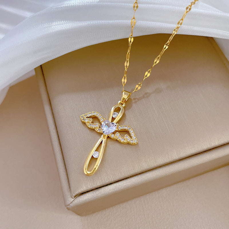 Collana a croce geometrica di lusso in acciaio al titanio per donna con catena alla clavicola e intarsio di strass