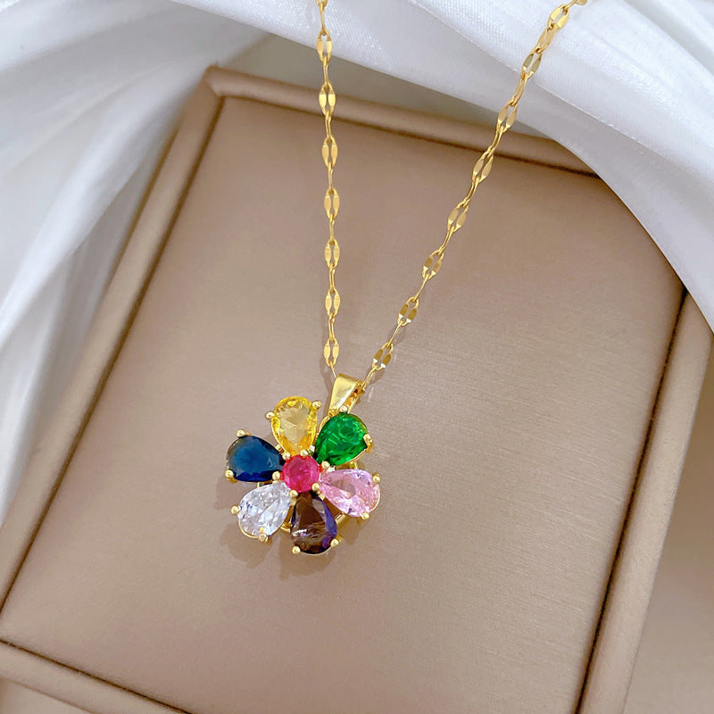Sweet Elegant Geometric Floral Rhinestone Plated Titanium Steel Necklace with Brass Pendant for Unisex