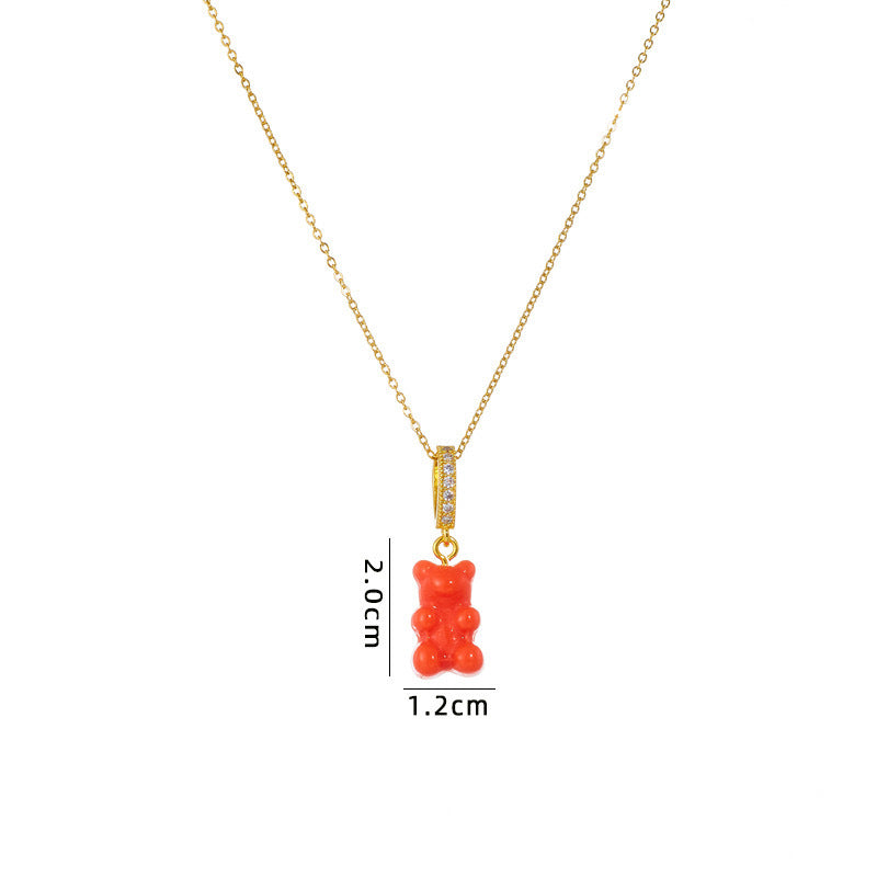 Minimalist Geometric Bear Pendant Necklace in Titanium Steel with Rhinestone Inlay on O-Chain for Women