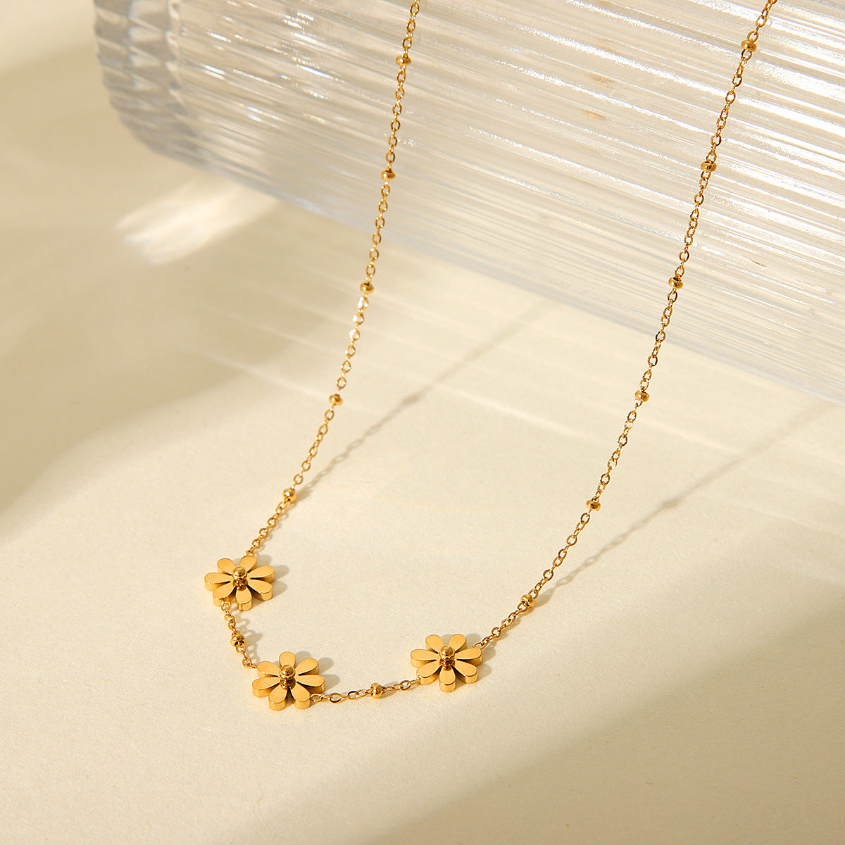 Minimalist Sunflower and Daisy Pendant Necklace for Women in Stainless Steel with Titanium Steel Accents, Electroplated Finish, O-Chain Design