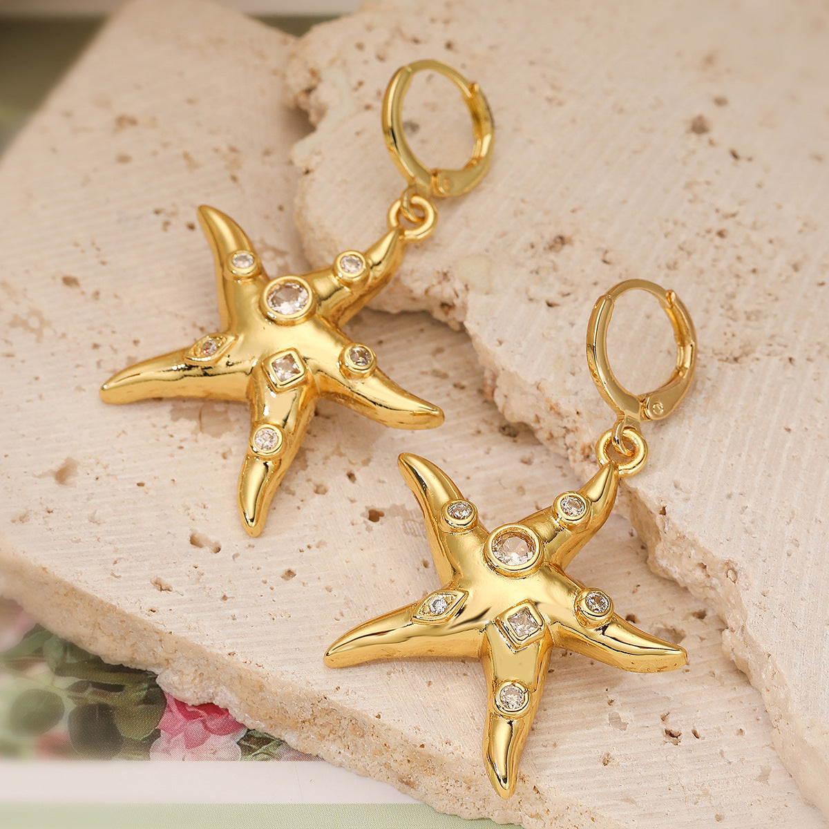 Minimalist Starfish Pendant Necklace and Earrings Set for Women in Copper with 18K Gold Plating and Micro-Paved Zirconia