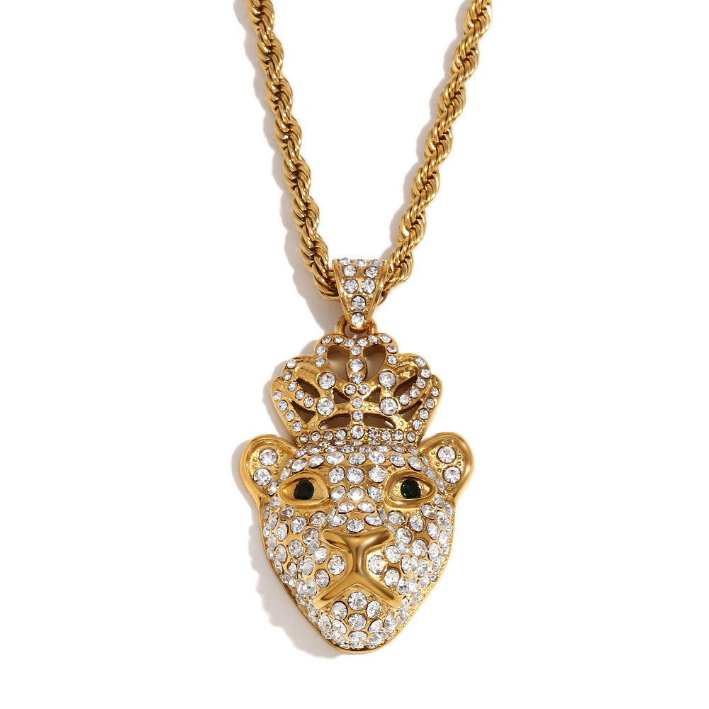 Hip Hop Style Monkey Pendant Necklace for Men Stainless Steel with 18K Gold Plating and Full Rhinestone Crown Design on Twisted Chain