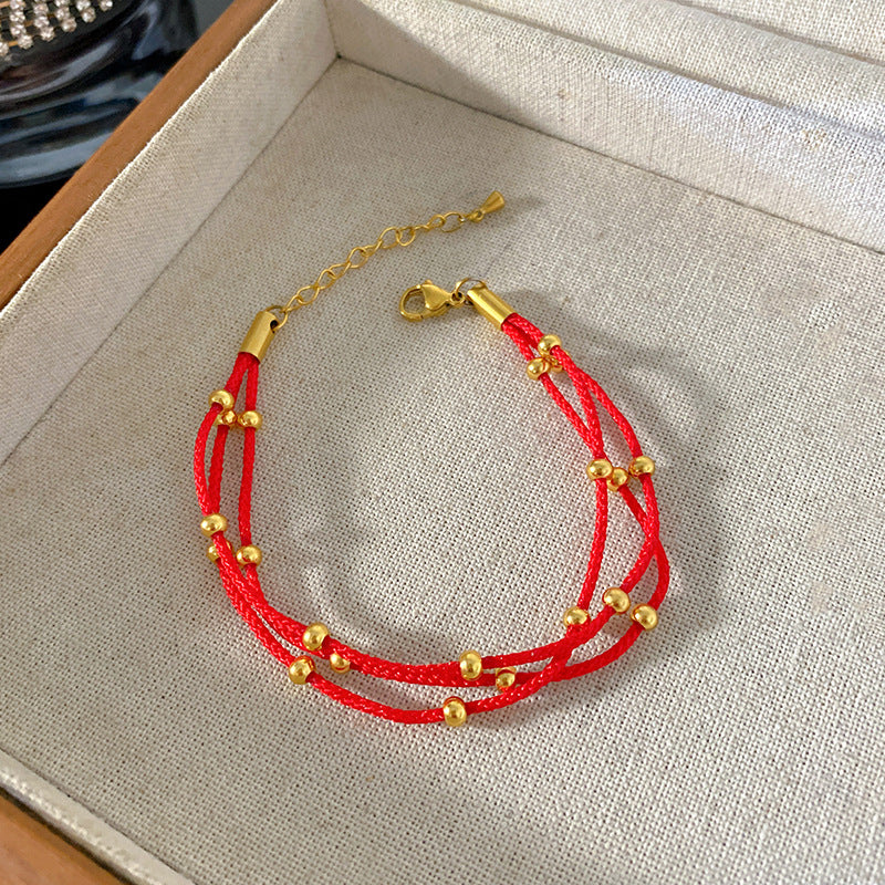 Luxury Elegant Heart Geometric Titanium Steel Polished Red Rope Bracelet for Women