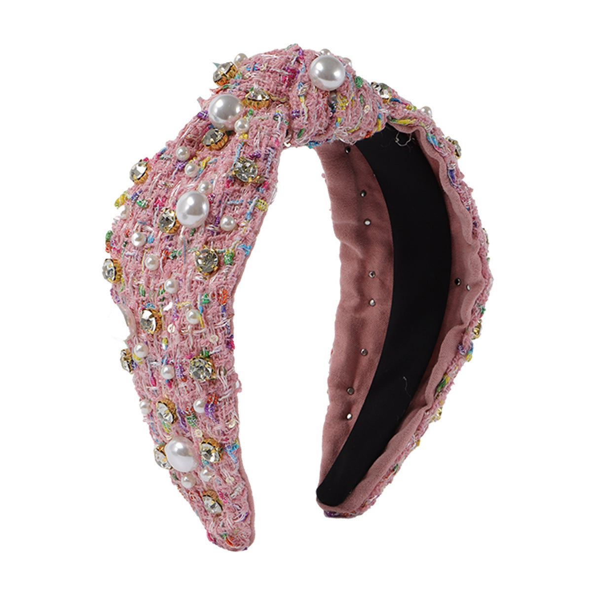 Cerchietto in Tessuto Dolce-Audace con Strass e Impreziosimenti in Perle Sintetiche, Design a Linee Geometriche, Fascia Larga con Nodo, Accessorio per Capelli da Donna