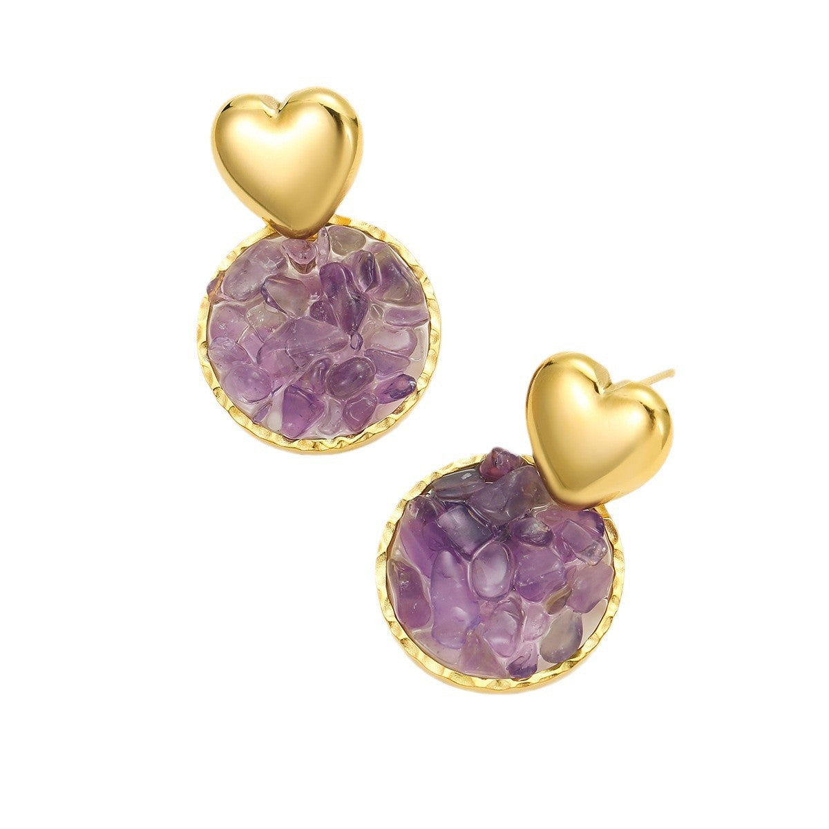 Pendientes Colgantes de Acero Inoxidable con Forma de Corazón Estilo Vintage, Incrustaciones de Piedras Naturales y Baño de Oro