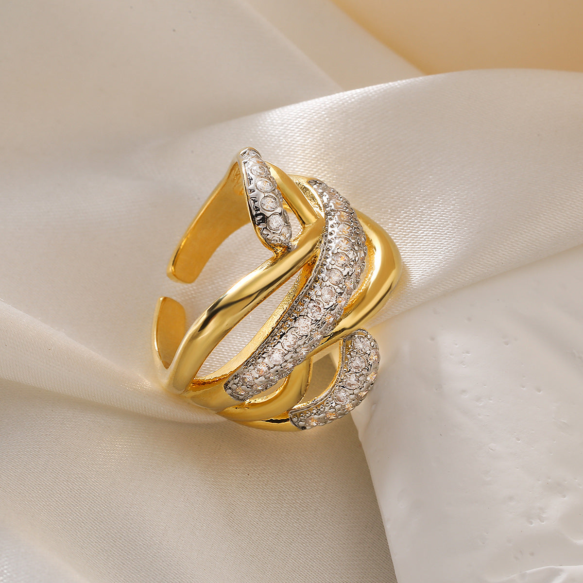 Anello Aperto Geometrico Minimalista alla Moda da Donna in Rame con Zirconi Micro-Incastonati
