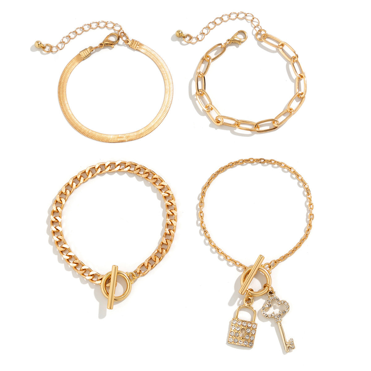 Sweet-Edgy Geometric Lock-Shaped Alloy Bracelet with Rhinestone Inlay on Snake Chain for Women