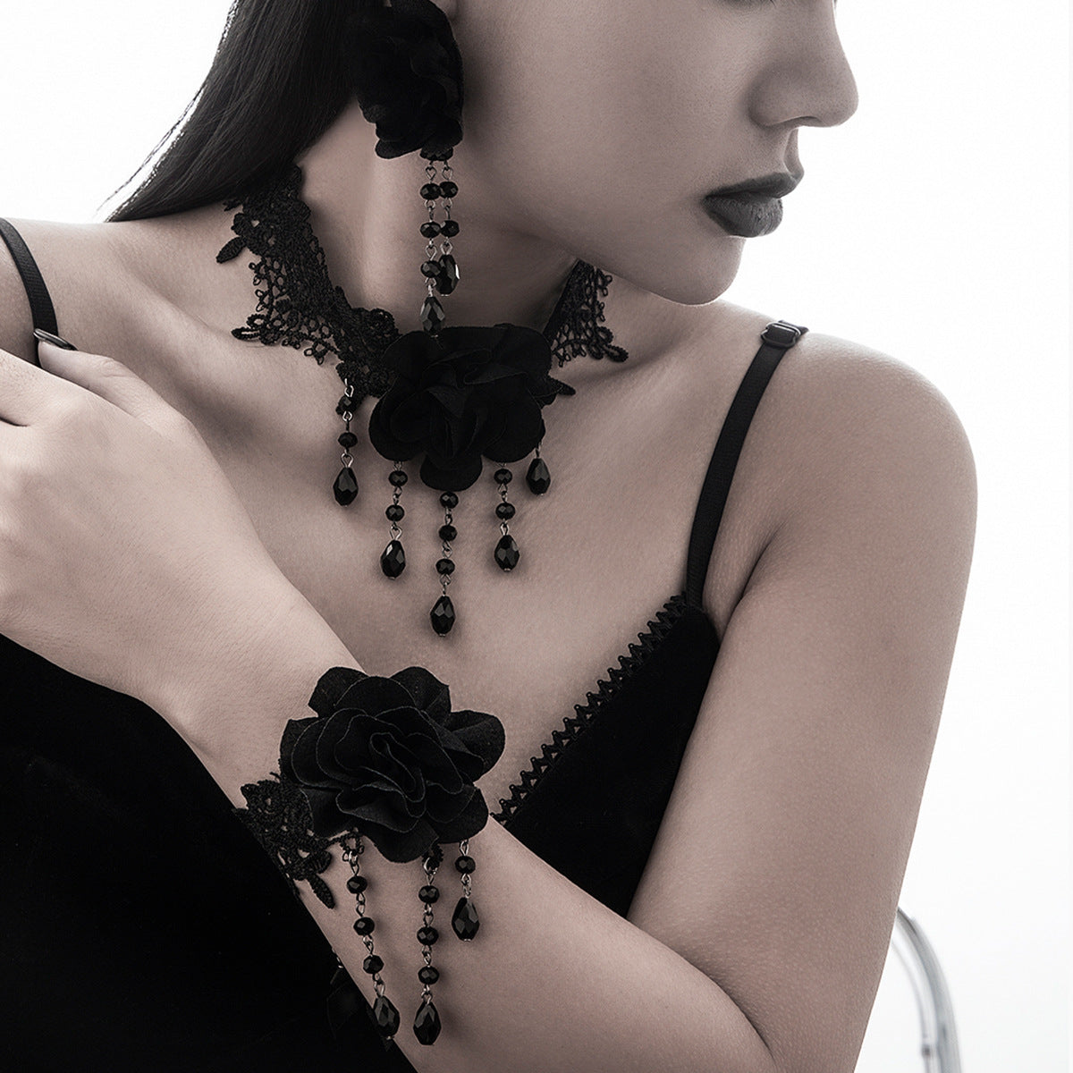 Gothic Black Lace Tassel Pendant Choker Necklace with Rose Floral Design and Rhinestone Accents for Women
