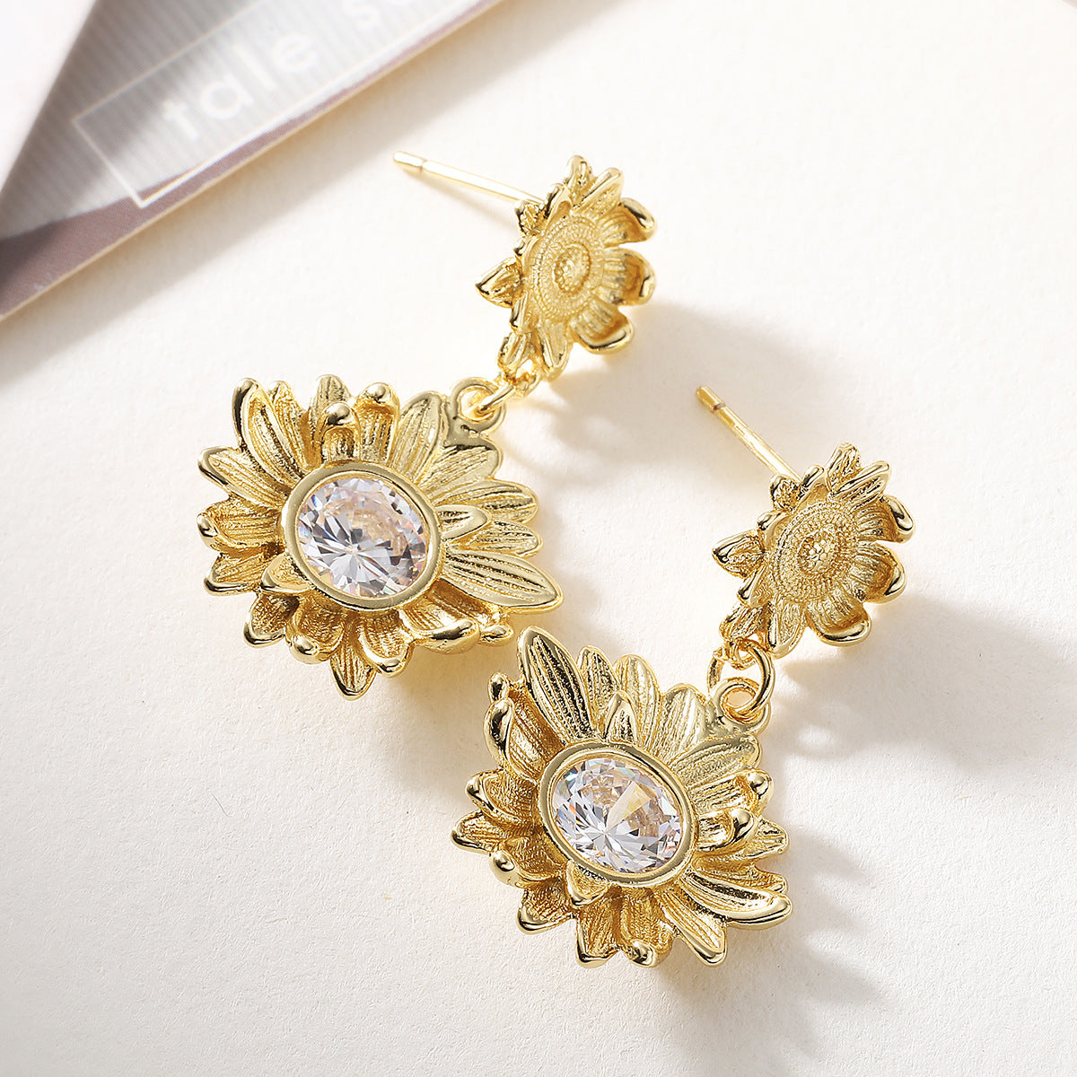 Minimalist 18K Gold Plated Brass Geometric Floral Earrings with Cubic Zirconia and Pearl for Women
