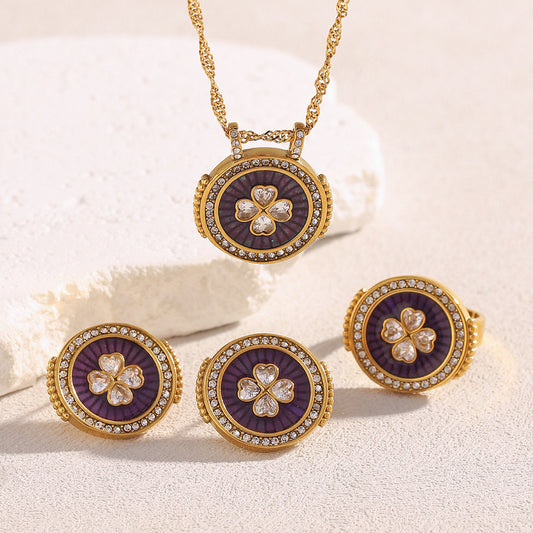 Fashionable OL Style Floral Round Disc Pendant Necklace Set in Stainless Steel with 18K Gold Plating and Enamel-Finished Zirconia for Women