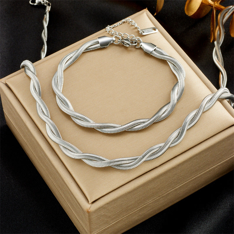 Minimalist Vintage Braided Twist Titanium Steel Collar Necklace and Bracelet Set for Women