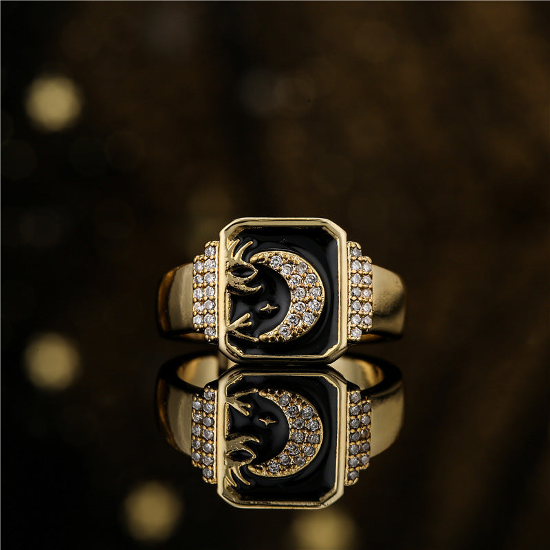 18K Gold Plated Brass Drip Oil Star Moon Geometric Ring for Women