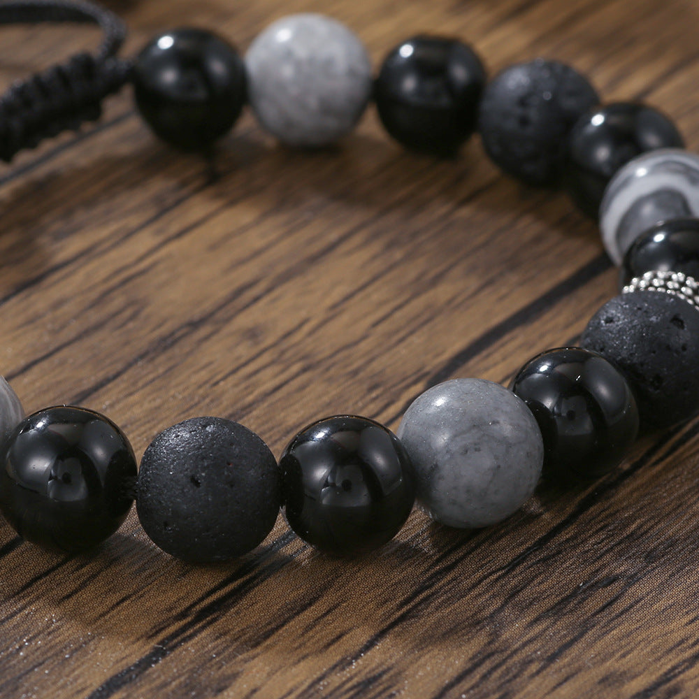 Geometric Black Agate and Brass Beaded Bracelet with Cubic Zirconia Inlay