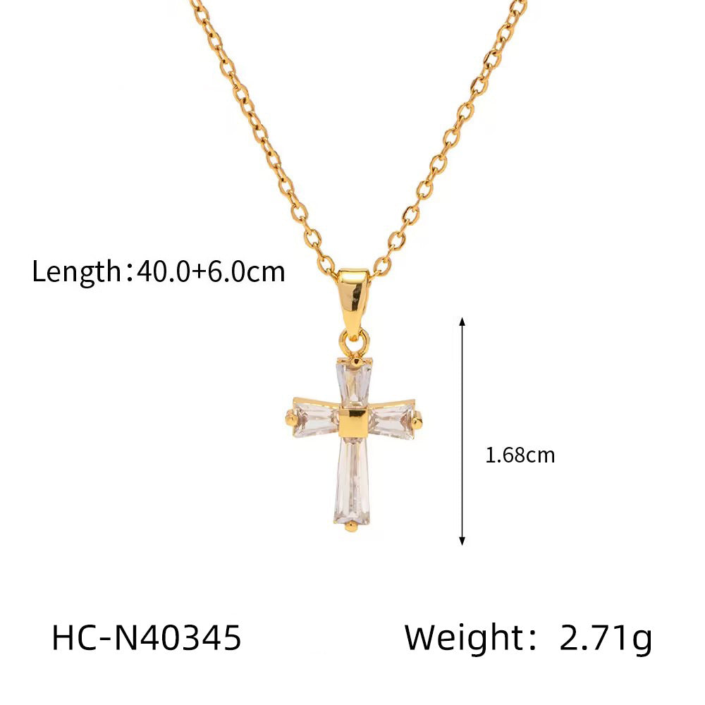 Minimalist Cross Pendant Necklace in Stainless Steel with Zircon Inlay on Figaro Chain for Women