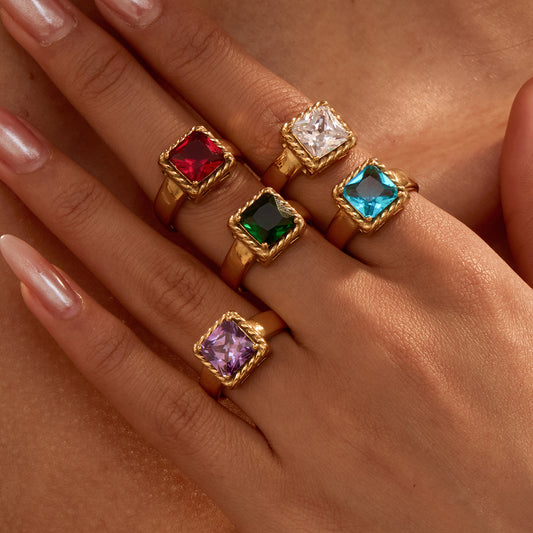 Anillo Abierto Minimalista Geométrico Cuadrado de Circonita de Acero Inoxidable con Baño de Oro de 18K para Mujer