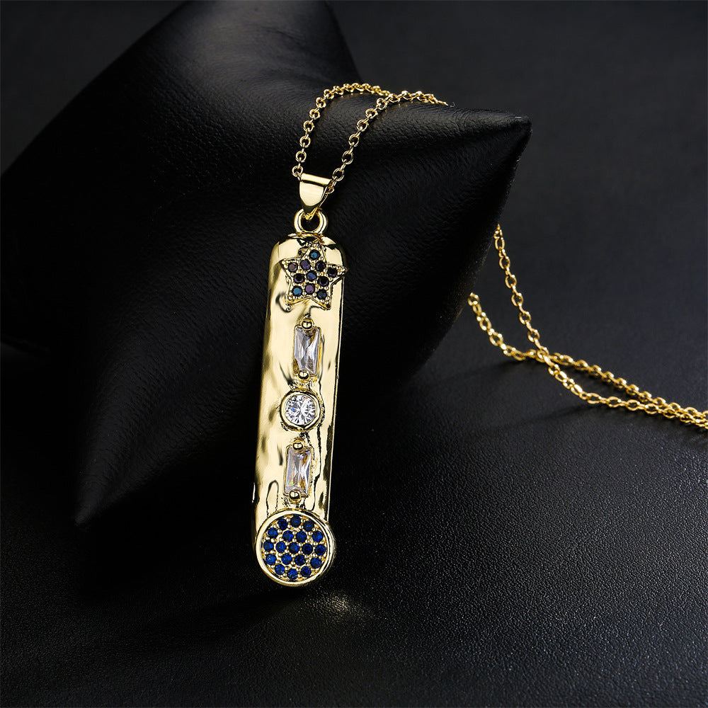 Collana con ciondolo a barra verticale geometrica con base in rame e placcatura in vero oro, design smaltato a occhio turco