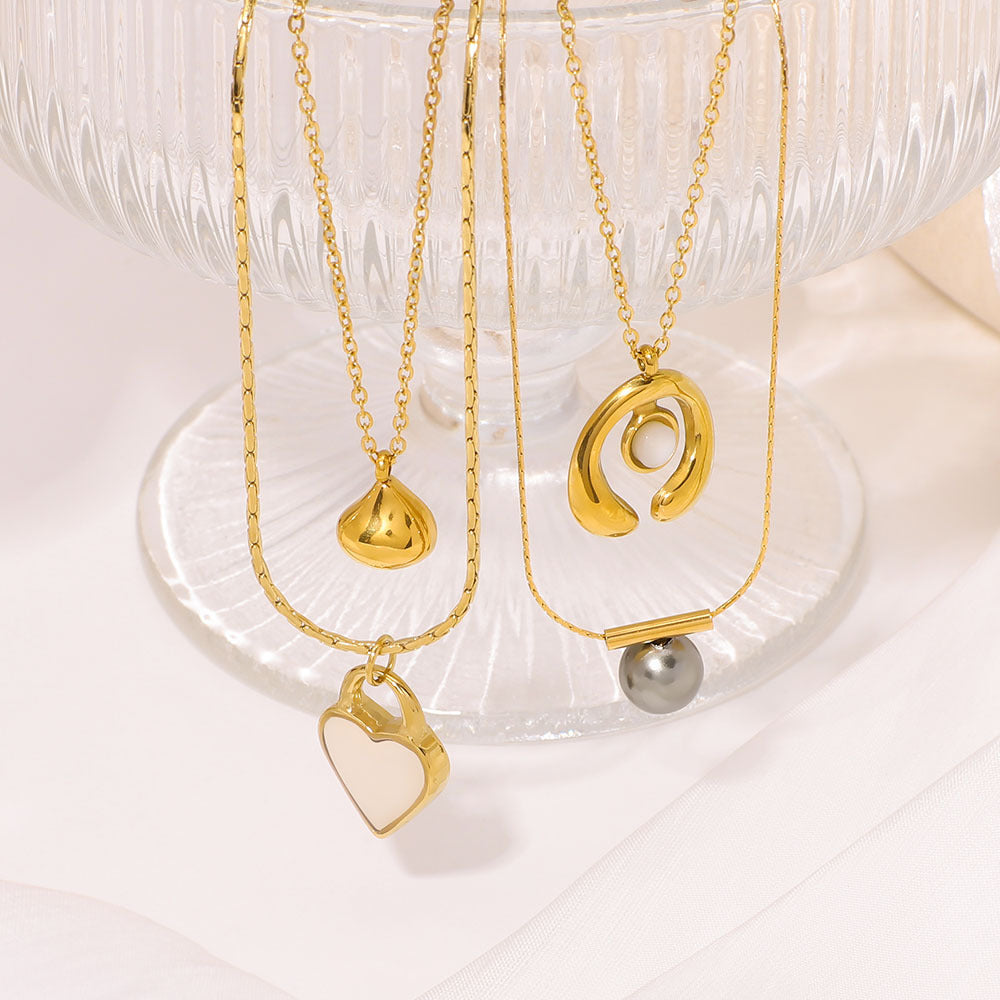Minimalist Geometric Double-Sided Heart Pendant Necklace in Stainless Steel with Pearl and Abalone Inlay, Vacuum-Plated 18K Gold Finish