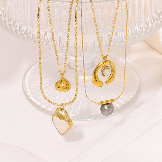 Minimalist Geometric Double-Sided Heart Pendant Necklace in Stainless Steel with Pearl and Abalone Inlay, Vacuum-Plated 18K Gold Finish
