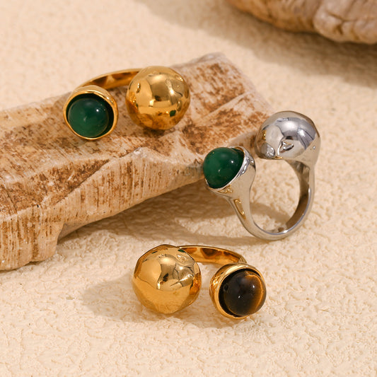 Anello aperto doppio testa in acciaio inossidabile placcato oro 18K vintage con agata verde naturale