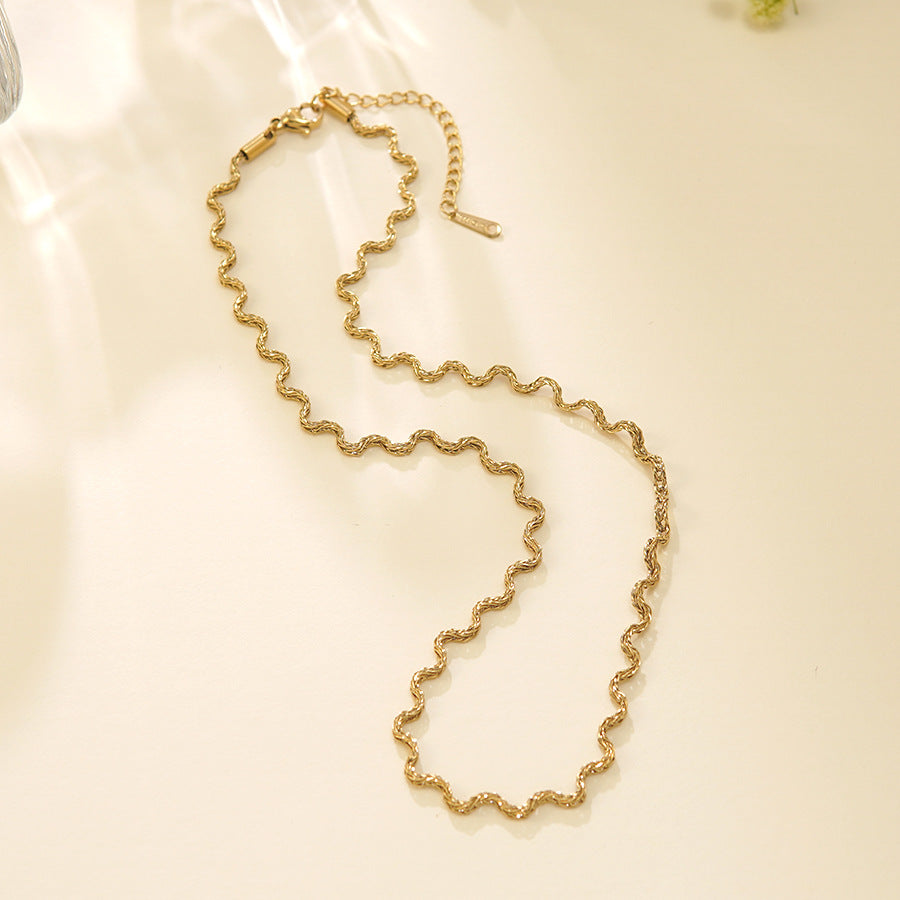 Minimalist Luxury Geometric Wavy Line Stainless Steel Plated Necklace and Bracelet Set for Women