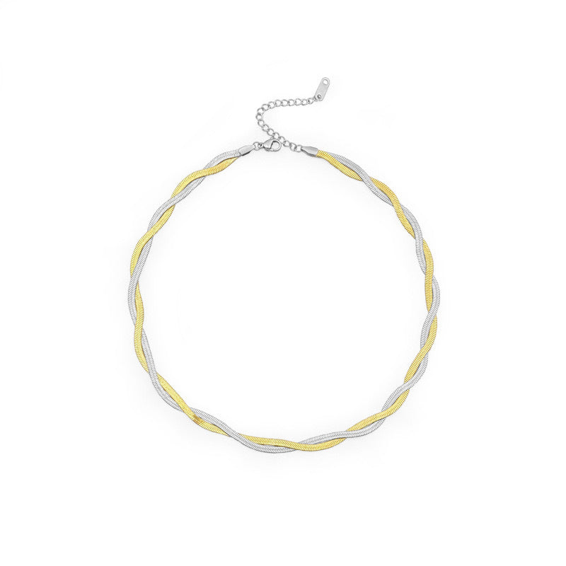 Collana a Serpente Piatta a Doppio Strato Minimalista Geometrica in Acciaio Titanio Placcato per Clavicole