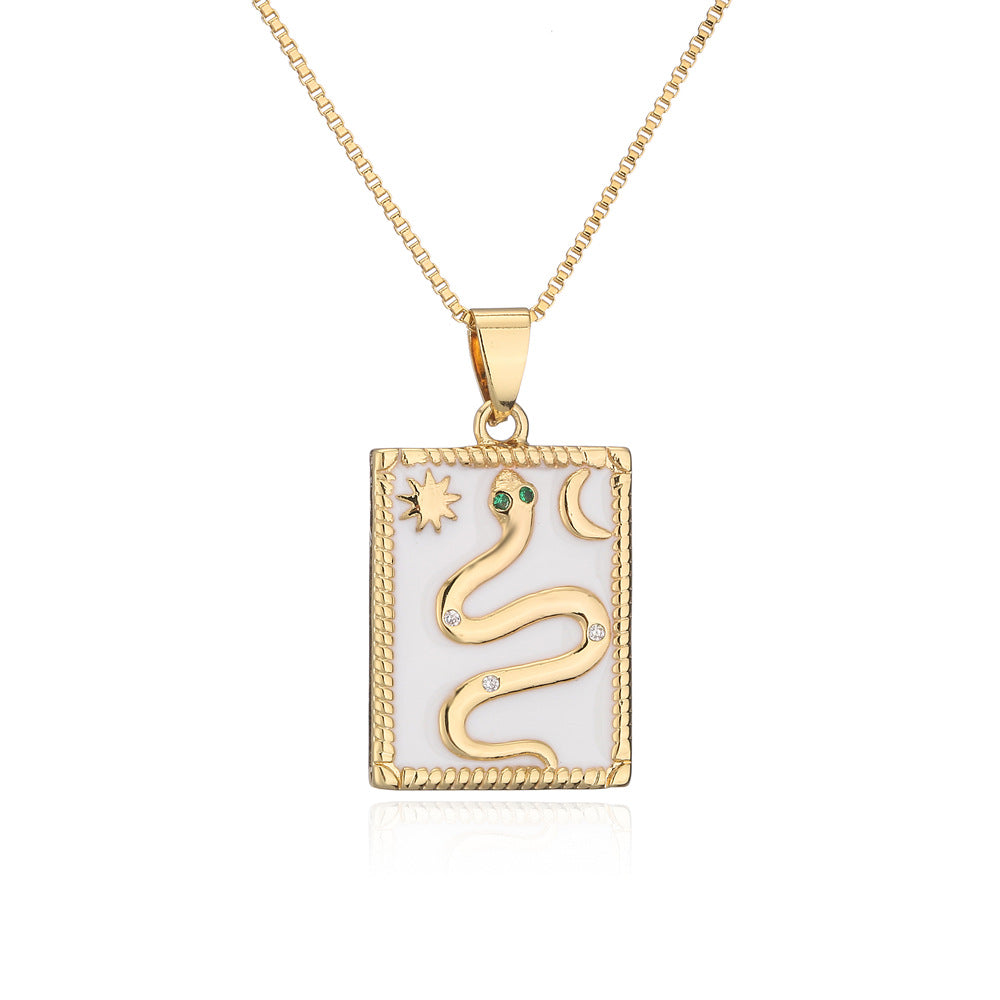 Vintage-Style Snake Totem Pendant Necklace in Copper with 18K Gold Plating, Enamel Finish, and Rhinestone Inlay