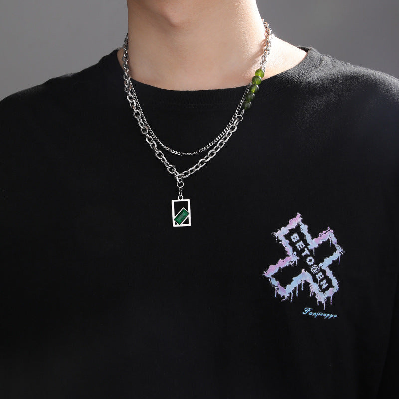 Collana Minimalista Geometrica a Doppio Strato in Acciaio al Titanio con Ciondolo a Gemma Verde Lucida Unisex