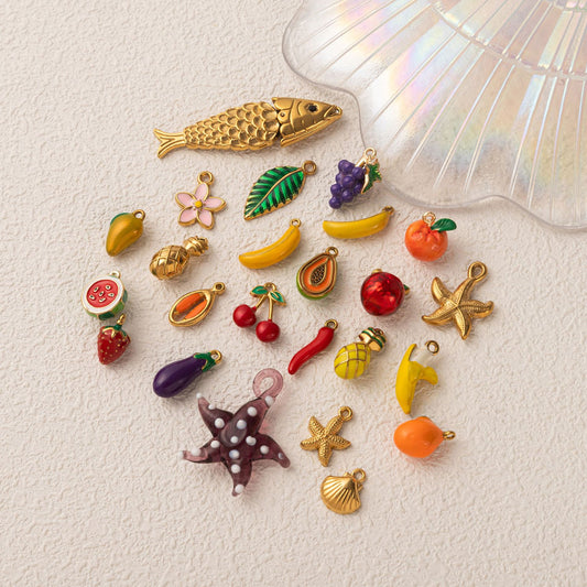 Vintage Stainless Steel PVD Gold Plated Abstract Fruit DIY Charm Bar