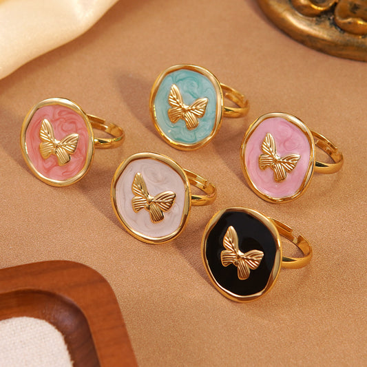 Sweet Drip Oil Butterfly Geometric Round Stainless Steel Ring