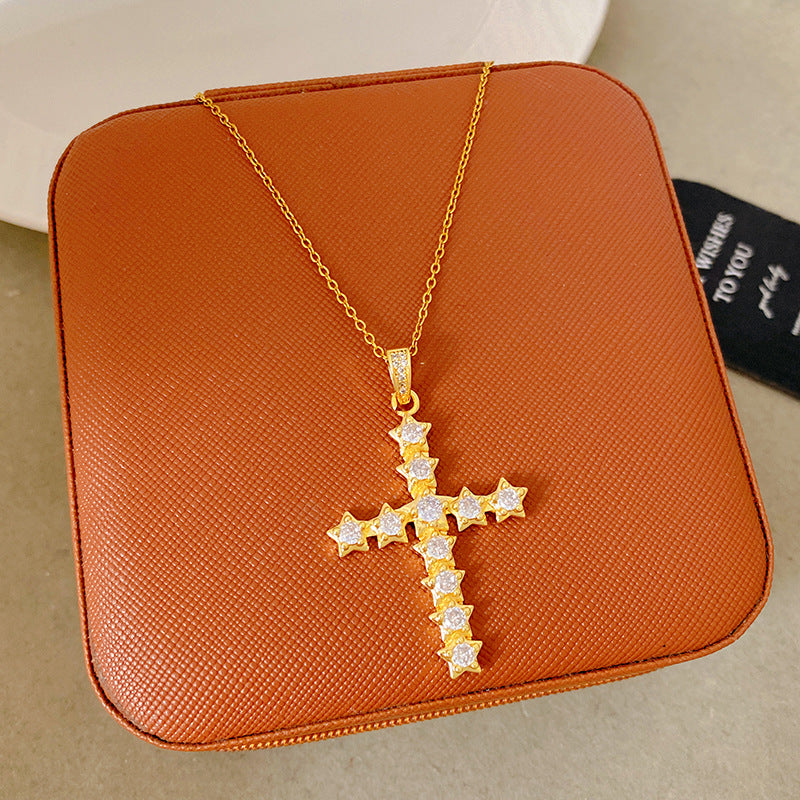 Sporty Sweet 18K Gold Plated Cross Titanium Steel Necklace with Cubic Zirconia for Women