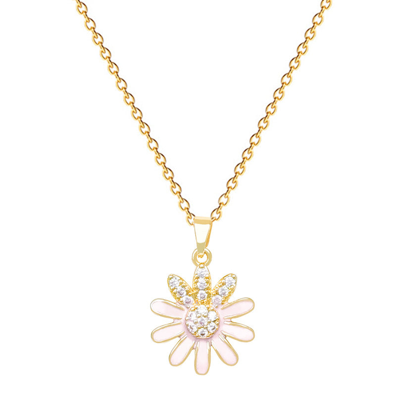 Sweet Minimalist Drip Oil Sunflower Moon Rhinestone Titanium Steel Necklace Set for Unisex