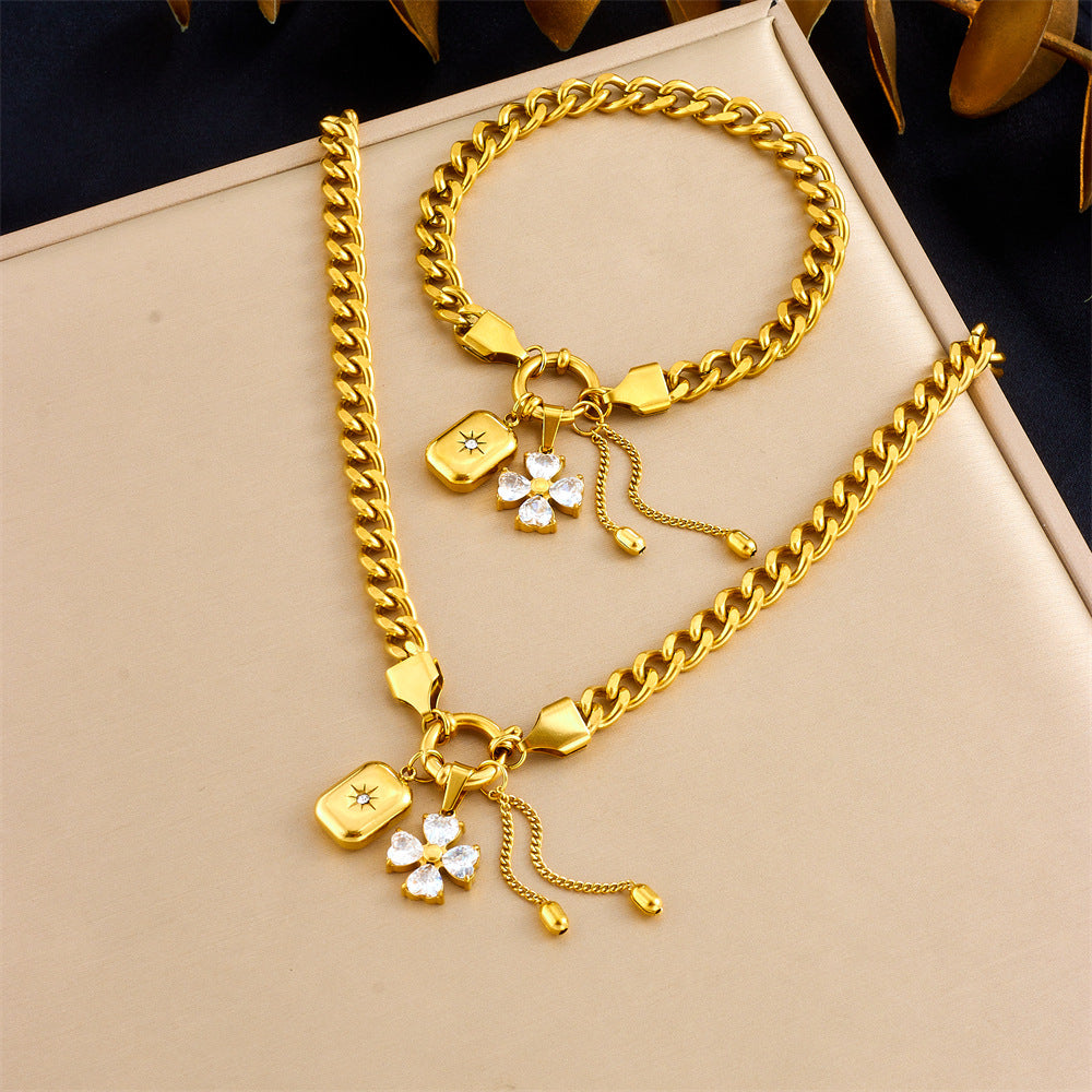 Fashionable Floral Star Square Pendant Necklace Set with Tassel Chain Stainless Steel Plated Women's Jewelry