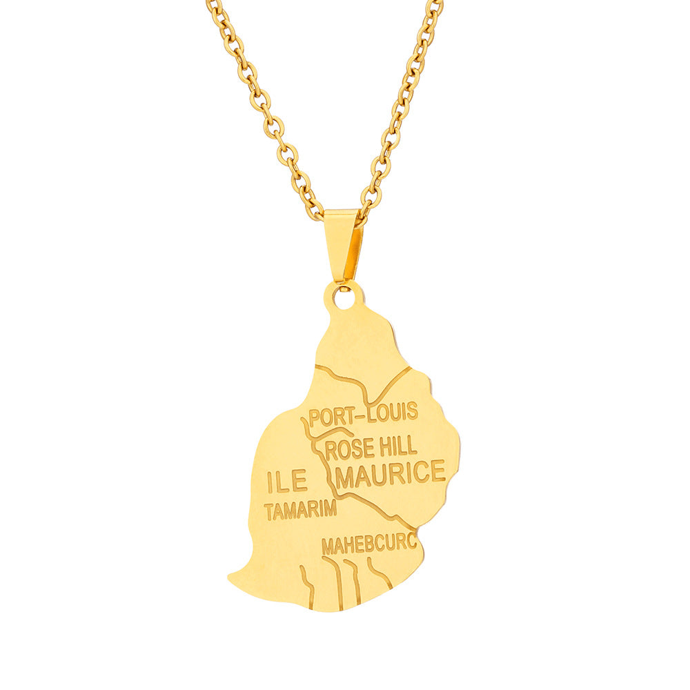 Collar con colgante de mapa geométrico de Mauricio en acero inoxidable chapado en oro con cadena tipo O para moda unisex