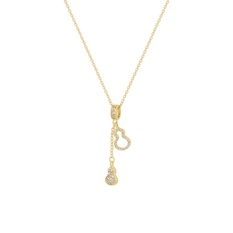 Fashion Minimalist Gourd Shape Titanium Steel Necklace with 18K Gold Plated Copper Pendant and Rhinestone Inlay