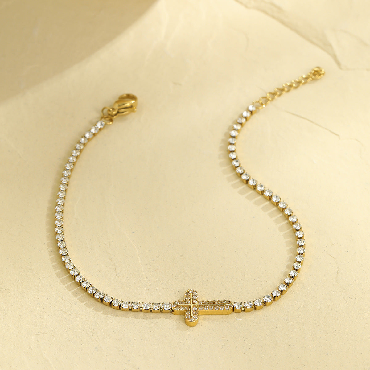 Fashionable Geometric Cross Bracelet in Stainless Steel with Rhinestone Inlay and Gold Plating for Women