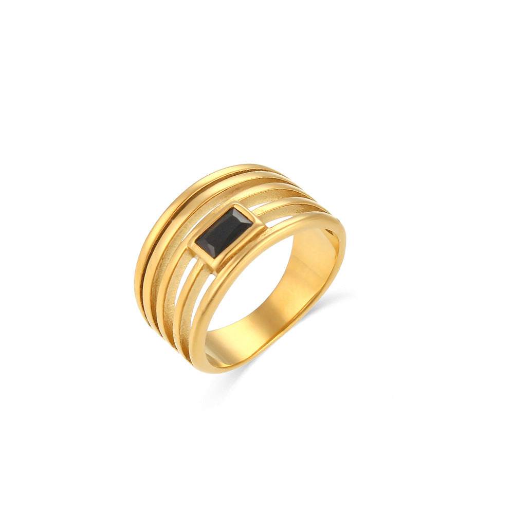Minimalist Geometric Stainless Steel Ring with 18K Gold Plating and Hollow-Out Design Set with Zircon Inlays
