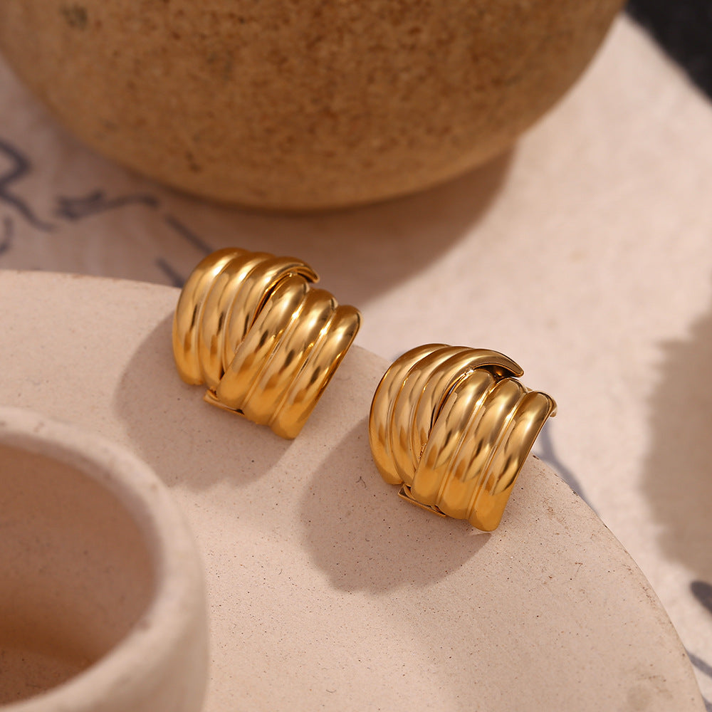 Minimalist Geometric Stainless Steel Ear Studs with 18K Gold Plating Triple Vertical Striped Cross Design for Women