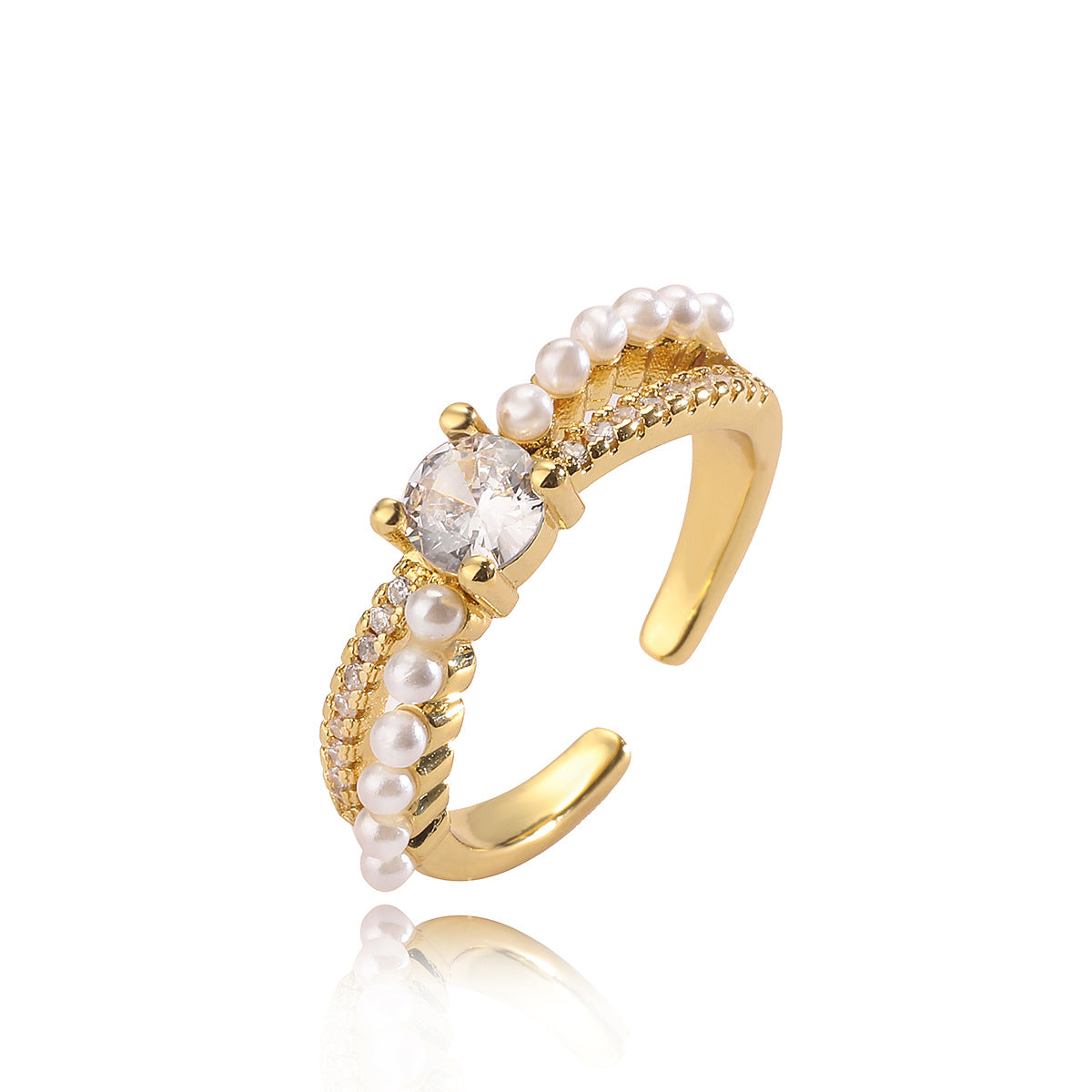 Minimalist Geometric Open Ring for Women Made of Brass with Real Gold Plating and Zircon Inlay and Pearl Accent